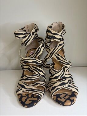 Jessica Simpson Zebra-Print Wrap Heel Sandals in Black and Cream